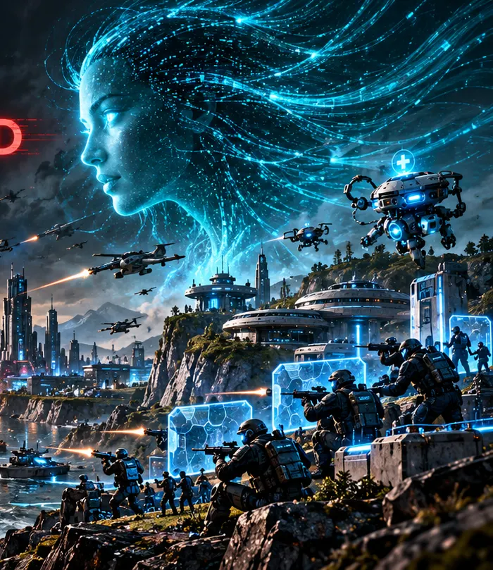 Athena Core, a hologram woman made of cyan data streams