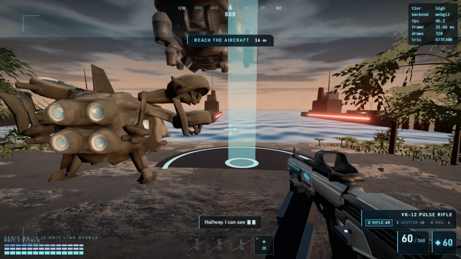 In-game: the extraction aircraft on its pad, Creon's fleet offshore