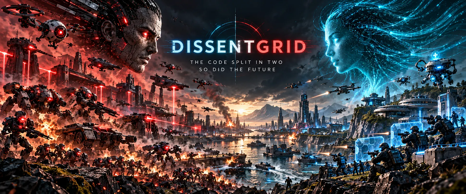 Creon's red robot army on the left and Athena's cyan hologram defenders on the right, facing each other across a stormy bay